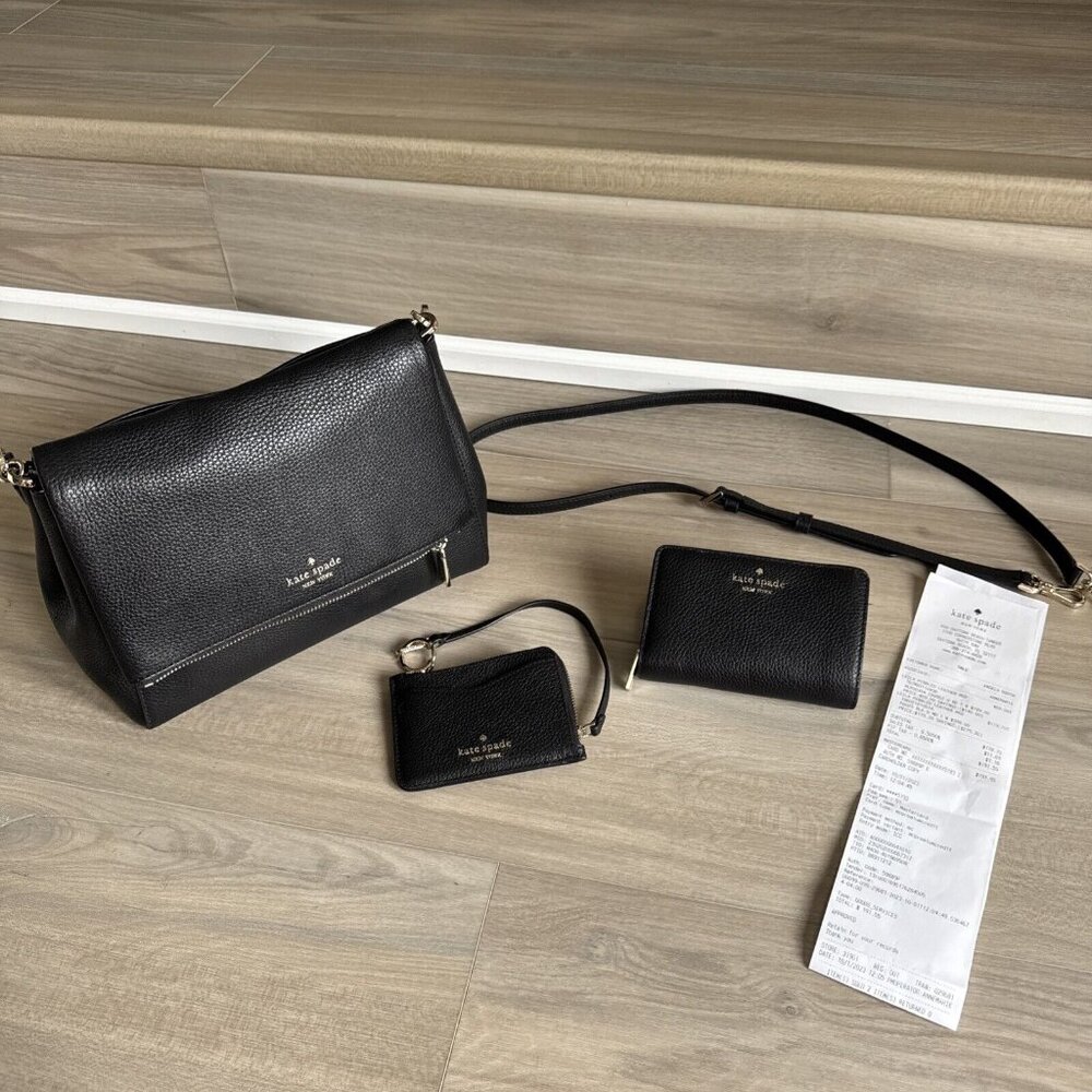 Kate Spade Leila Medium Black Pebbled Leather Purse Crossbody Wallet‎ ID Holder
